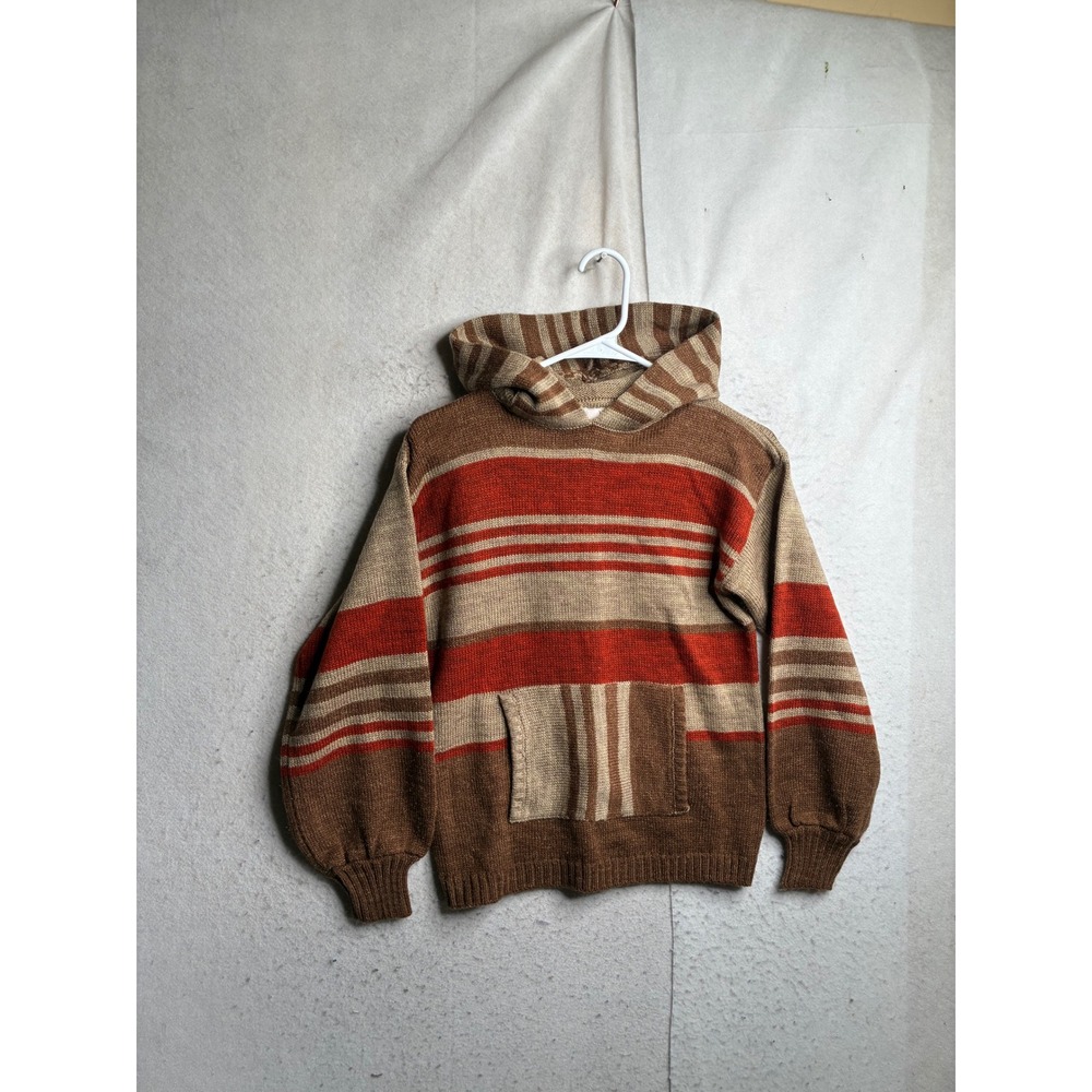 Vintage Jean Nicole Striped Knit Hoodie Sweater Brown Orange Tan Retro 8795